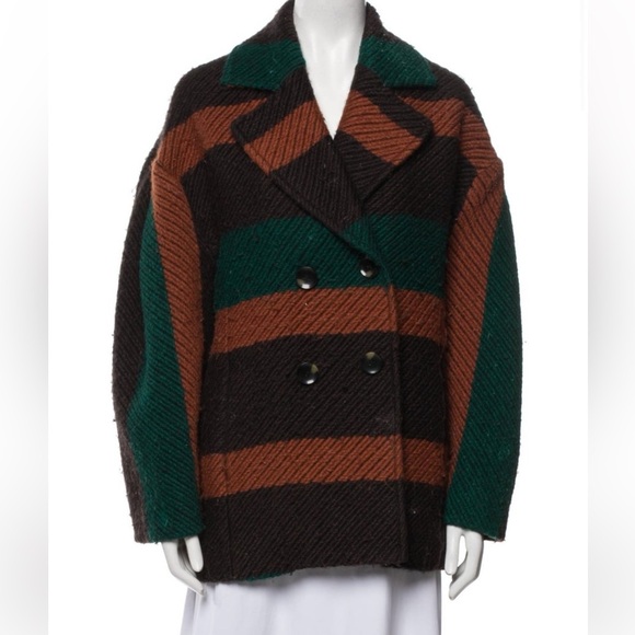 Ulla Johnson Striped Coat Shawl Collar Wool Blend Brown Green Size S Designer - Picture 2 of 5